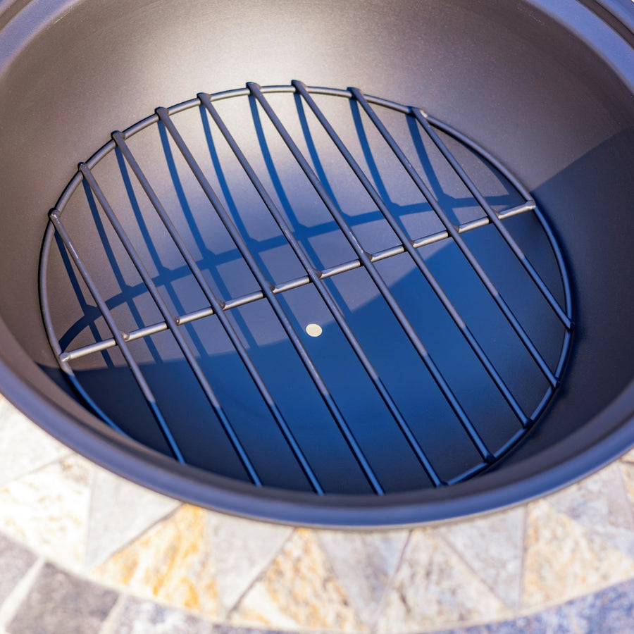 24.8"D. Round Mosaic Tile Metal Fire Pit "Grey Rocks" detail 2