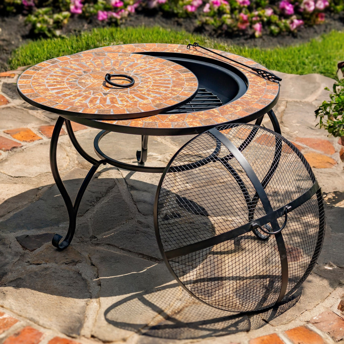 32.6"D. Round Mosaic Tile Metal Fire Pit "Shenandoah" detail 2