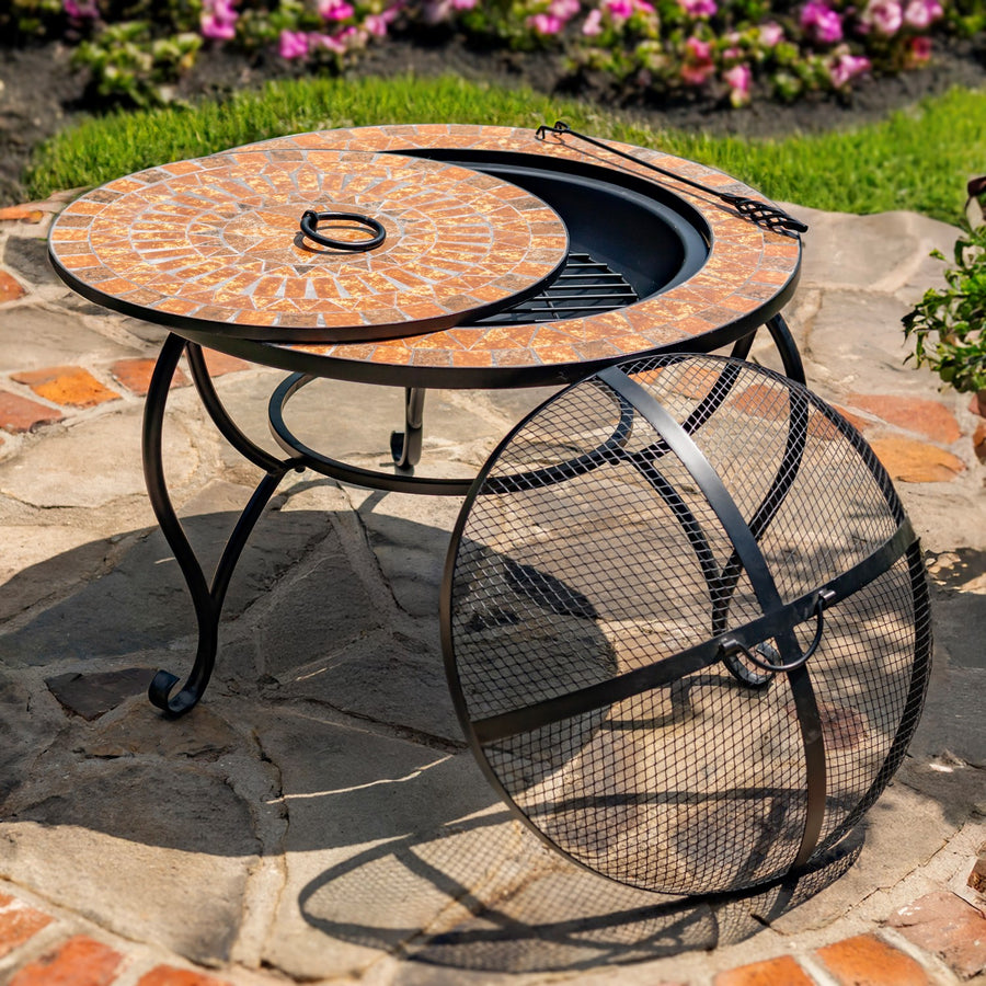 32.6"D. Round Mosaic Tile Metal Fire Pit "Shenandoah" detail 2