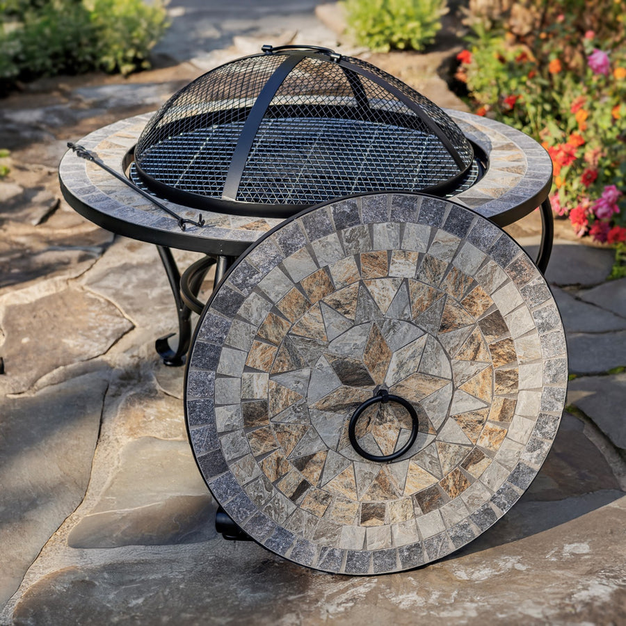 32.6"D. Round Mosaic Tile Metal Fire Pit "Grey Rocks" detail 2