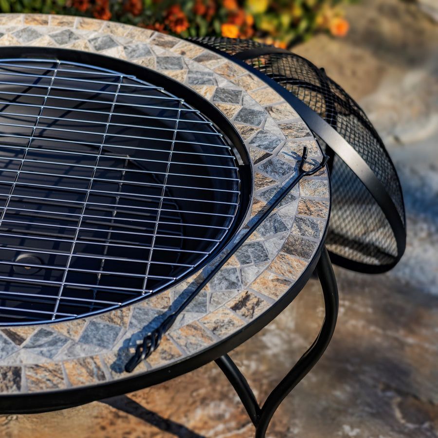 32.6"D. Round Mosaic Tile Metal Fire Pit "St. Augustine" detail 2