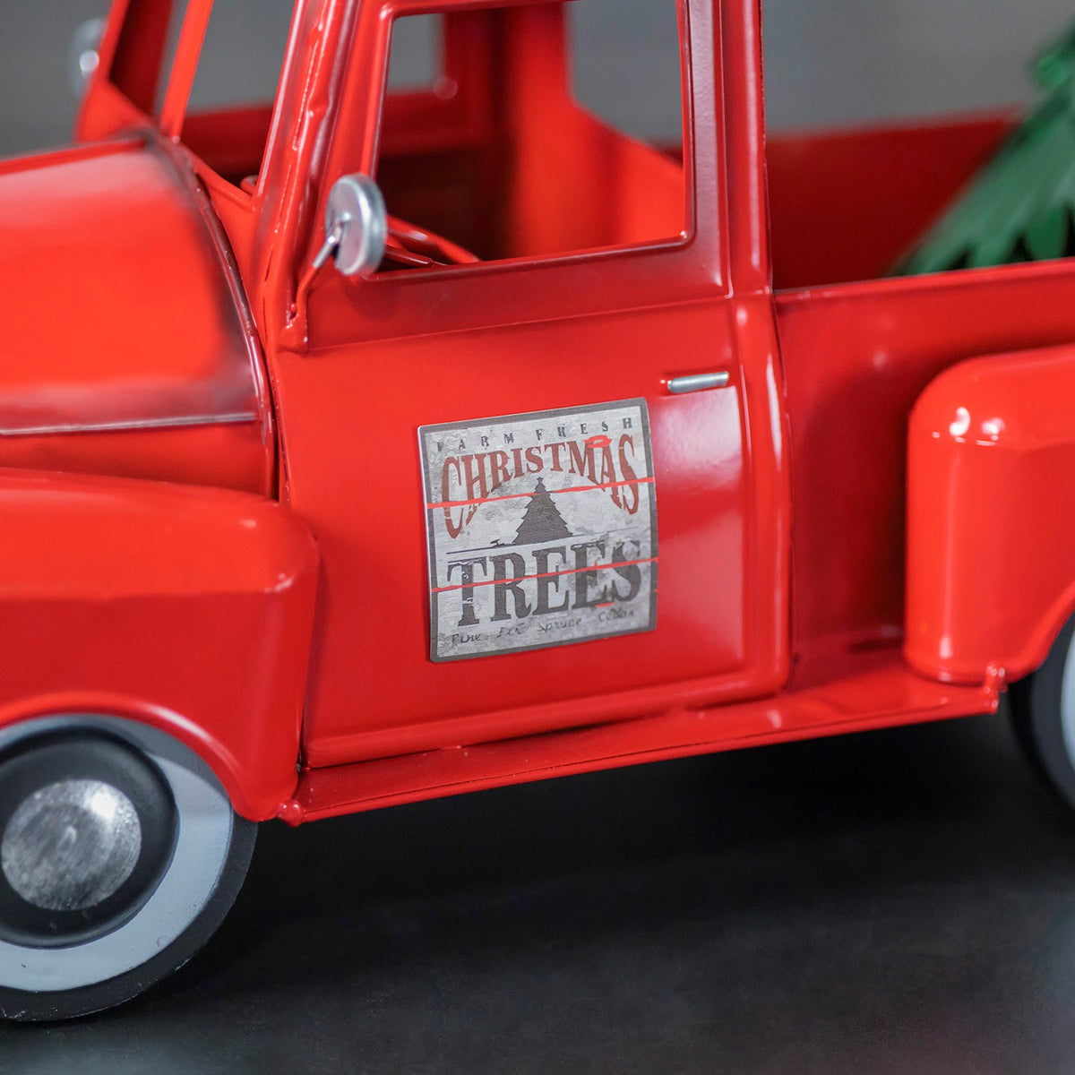 Glossy red iron pickup truck decor, view 3