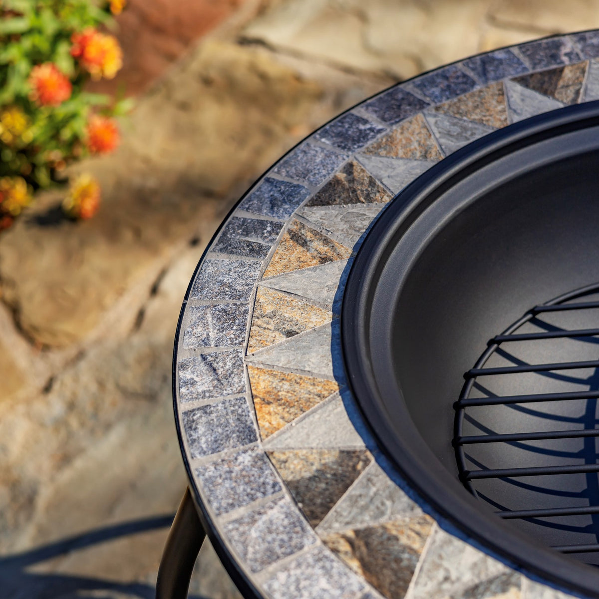 24.8"D. Round Mosaic Tile Metal Fire Pit "Grey Rocks" detail 3