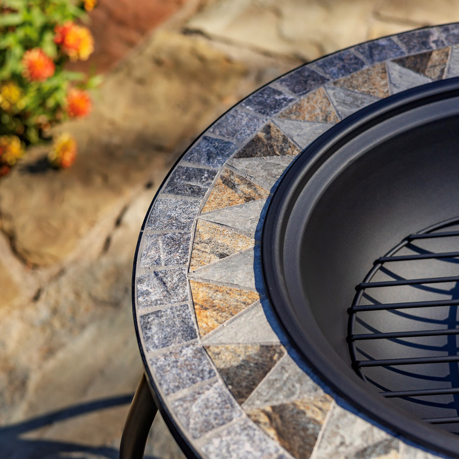24.8"D. Round Mosaic Tile Metal Fire Pit "Grey Rocks" detail 3