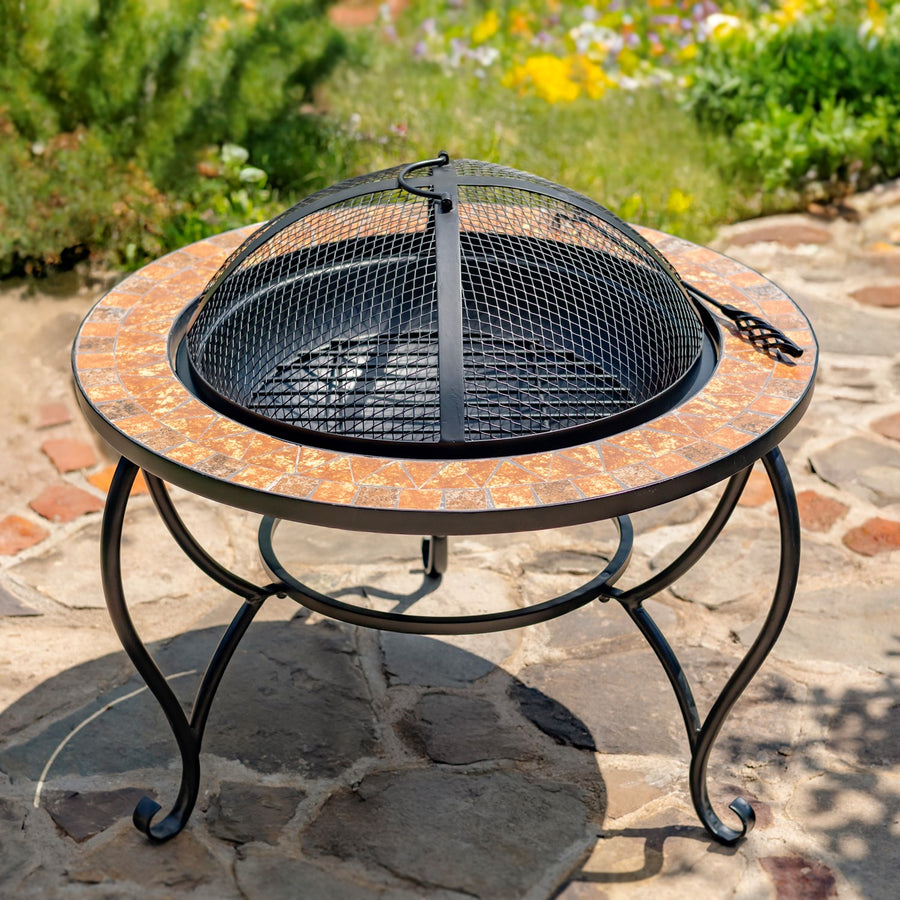 32.6"D. Round Mosaic Tile Metal Fire Pit "Shenandoah" detail 3
