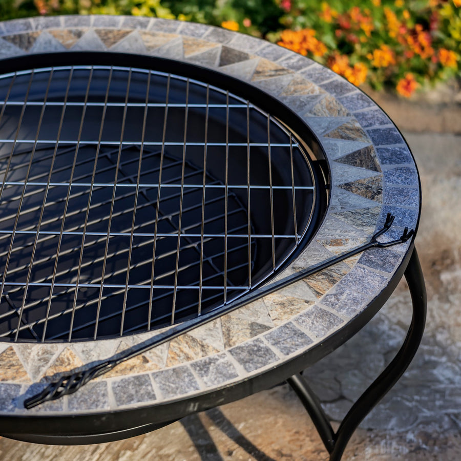32.6"D. Round Mosaic Tile Metal Fire Pit "Grey Rocks" detail 3