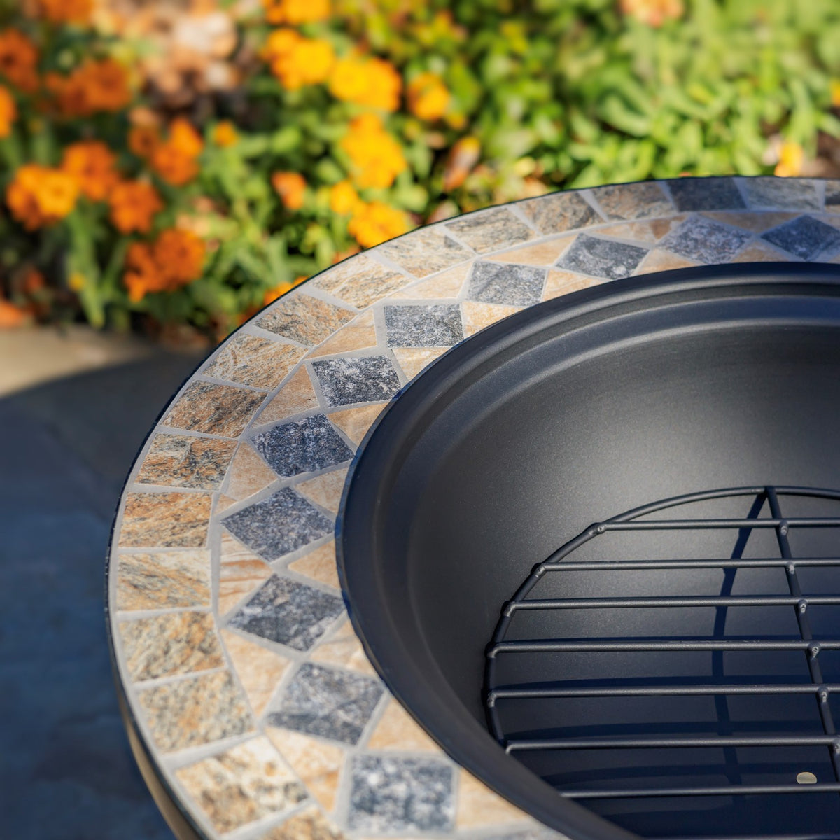 24.8"D. Round Mosaic Tile Metal Fire Pit "Medora" detail 4