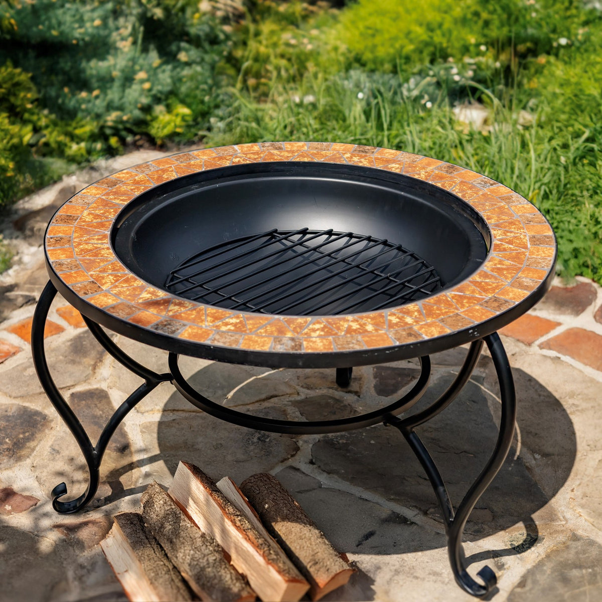 32.6"D. Round Mosaic Tile Metal Fire Pit "Shenandoah" detail 4