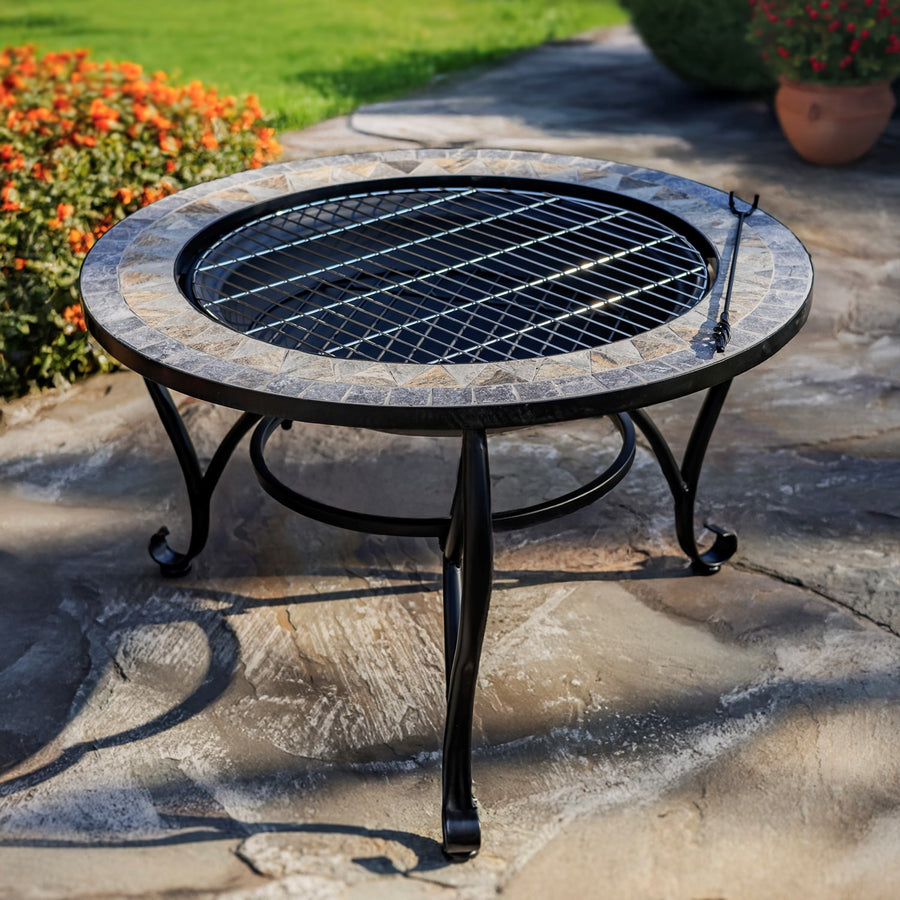 32.6"D. Round Mosaic Tile Metal Fire Pit "Grey Rocks" detail 4
