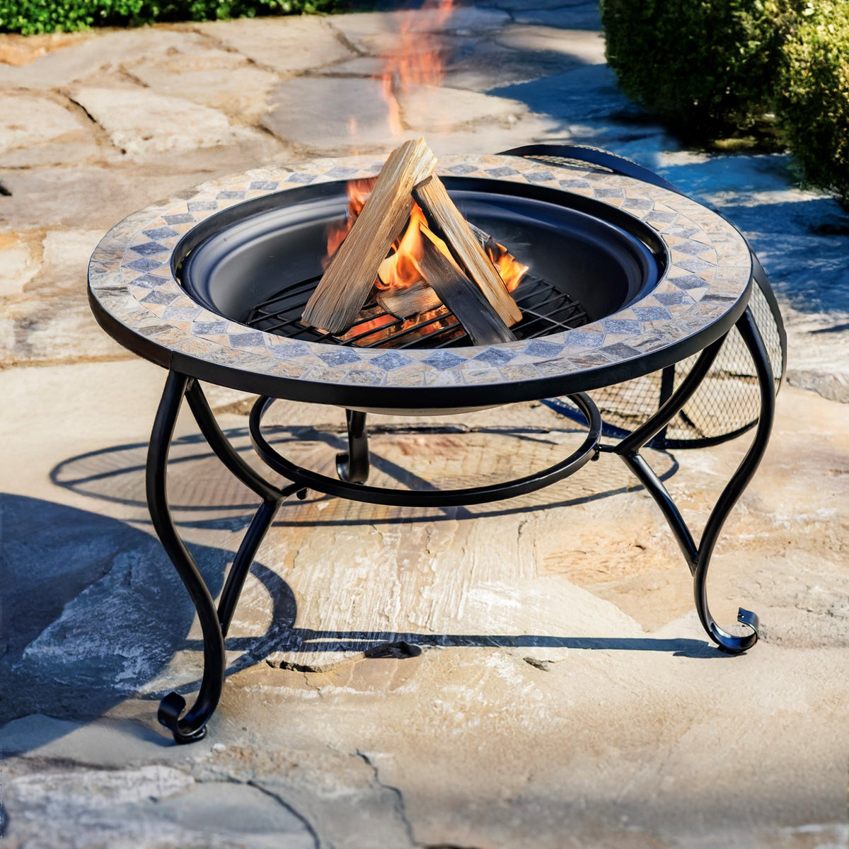 32.6"D. Round Mosaic Tile Metal Fire Pit "Medora" detail 4