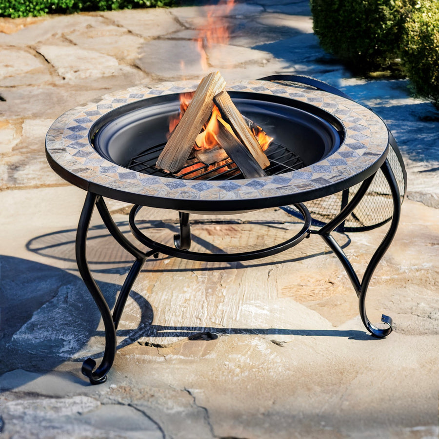 32.6"D. Round Mosaic Tile Metal Fire Pit "Medora" detail 4