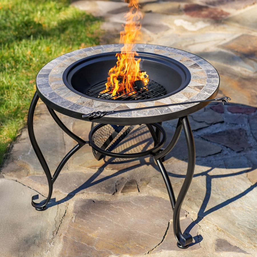 24.8"D. Round Mosaic Tile Metal Fire Pit "Grey Rocks" detail 5