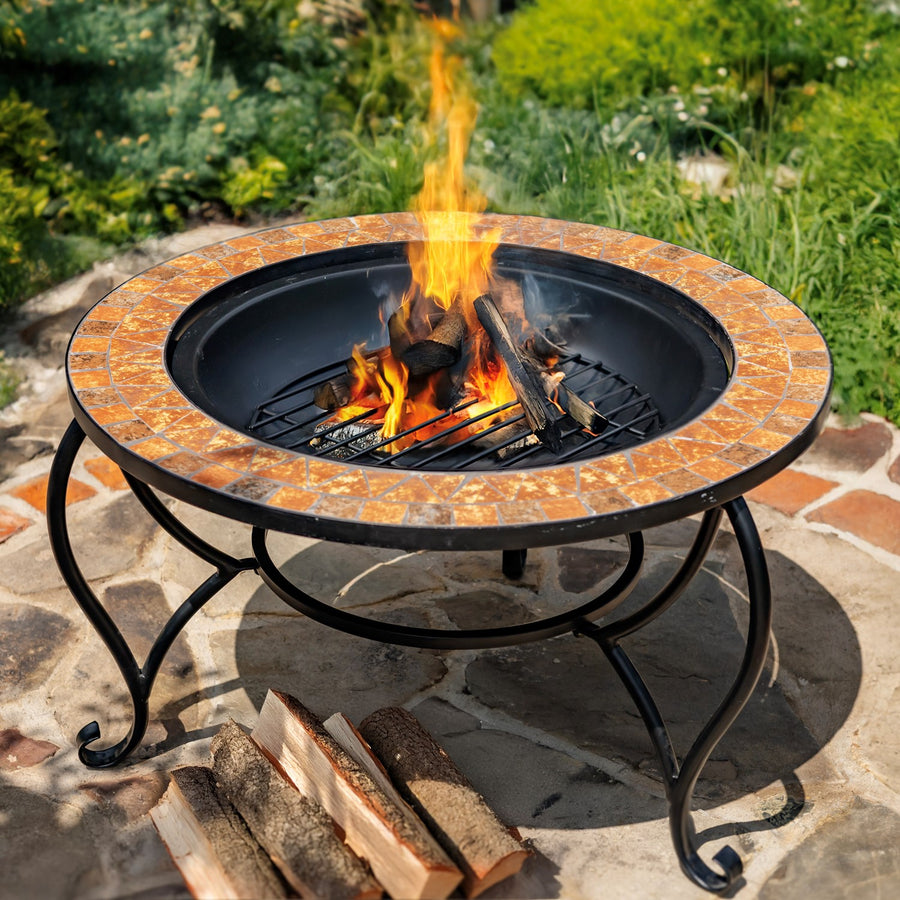 32.6"D. Round Mosaic Tile Metal Fire Pit "Shenandoah" detail 5