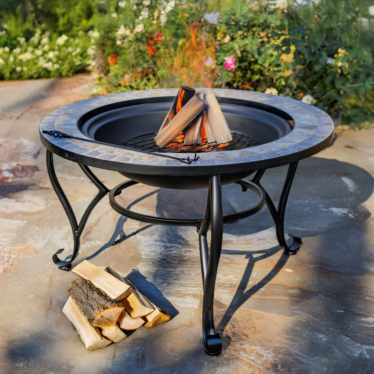 32.6"D. Round Mosaic Tile Metal Fire Pit "Grey Rocks" detail 5