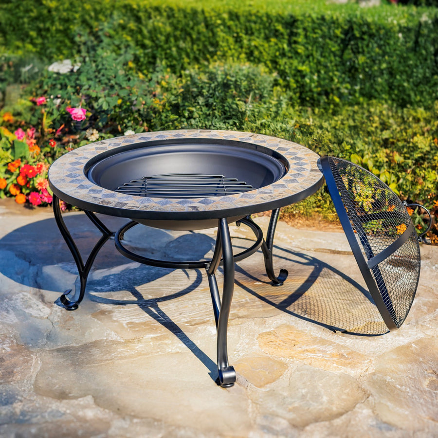 32.6"D. Round Mosaic Tile Metal Fire Pit "Medora" detail 5