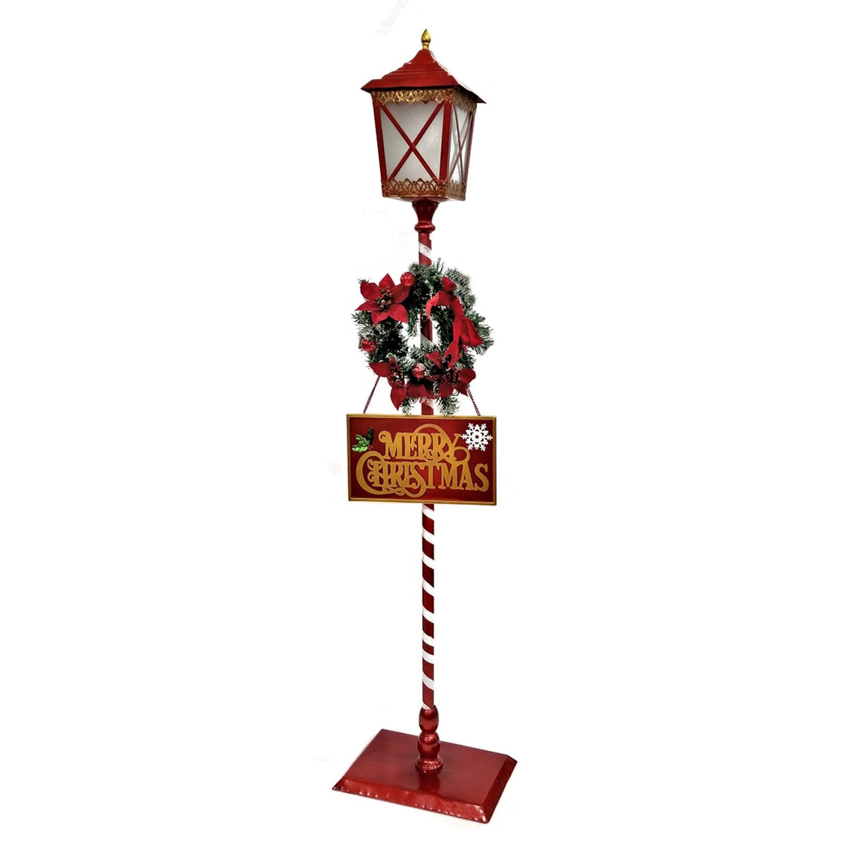 Standing iron Christmas lantern with LED lights and poinsettia wreath, product photo 6