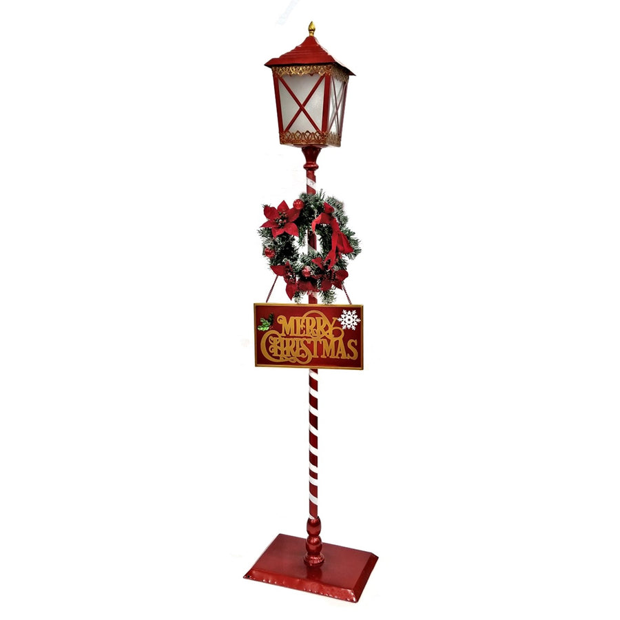 Standing iron Christmas lantern with LED lights and poinsettia wreath, product photo 6