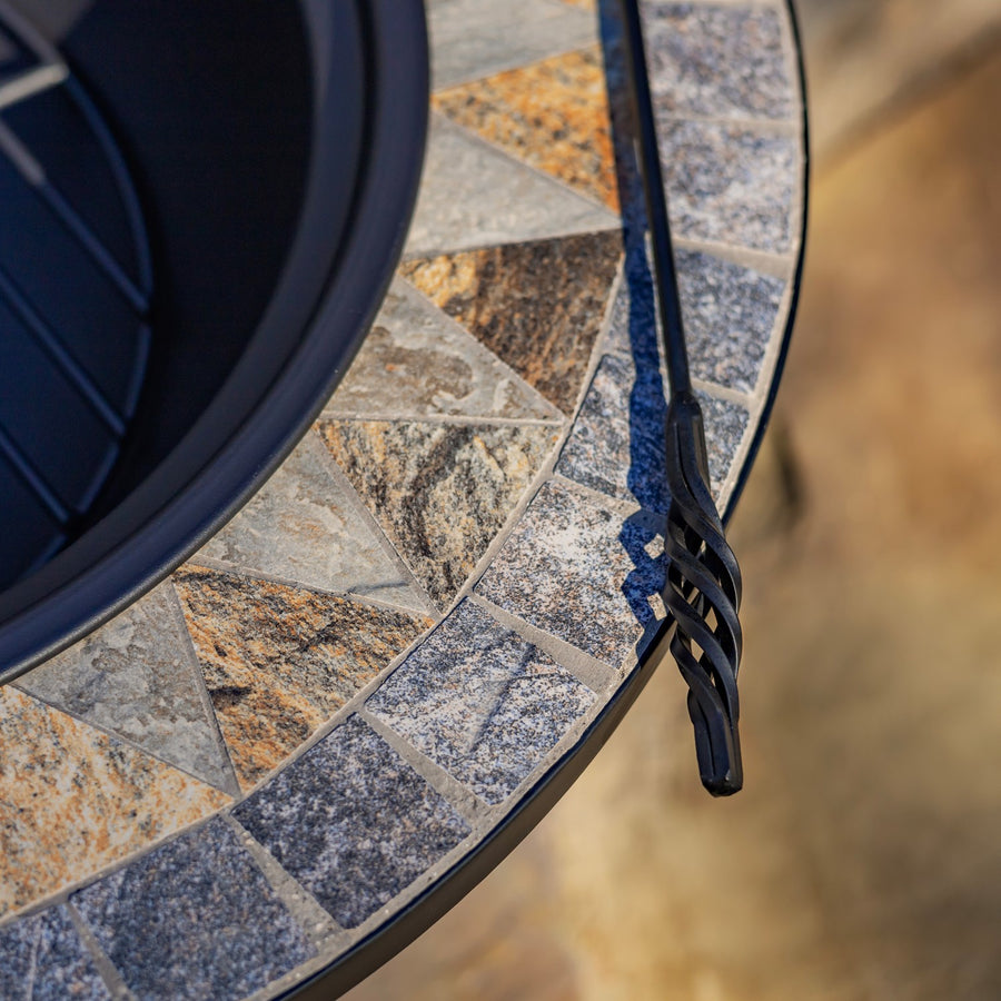 24.8"D. Round Mosaic Tile Metal Fire Pit "Grey Rocks" detail 6