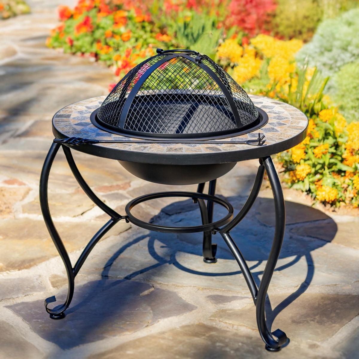 24.8"D. Round Mosaic Tile Metal Fire Pit "Medora" detail 6