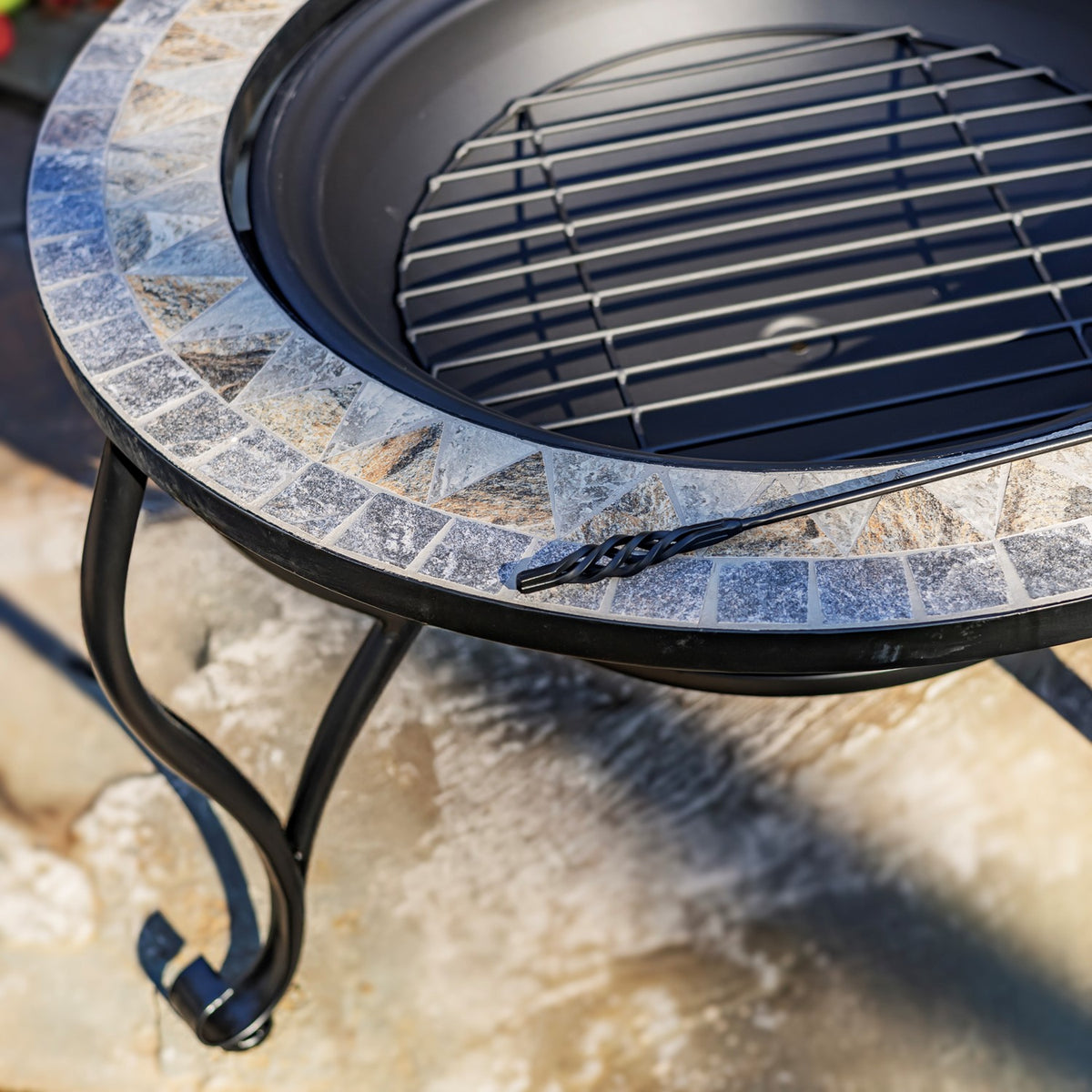 32.6"D. Round Mosaic Tile Metal Fire Pit "Grey Rocks" detail 6