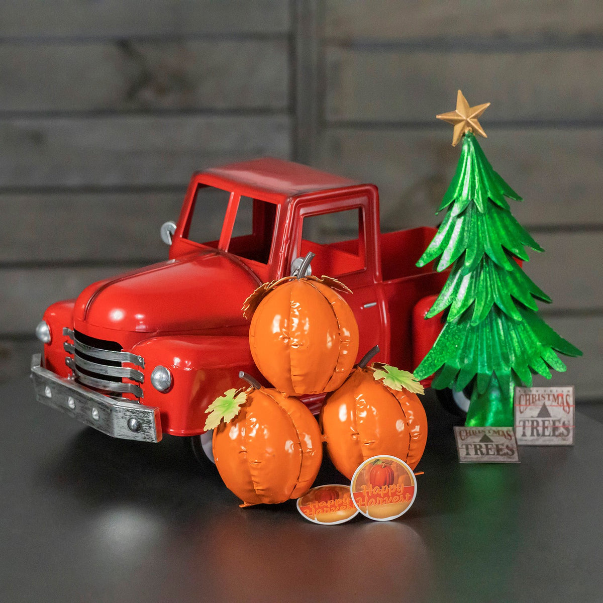 Glossy red iron pickup truck decor, view 7