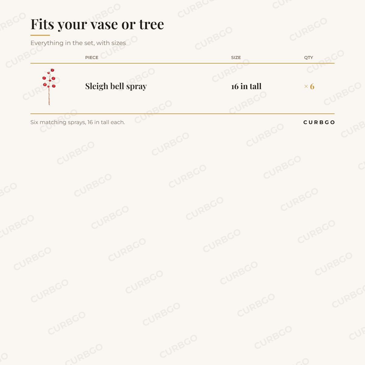 Red sleigh bell spray set of 6: piece sizes and quantities