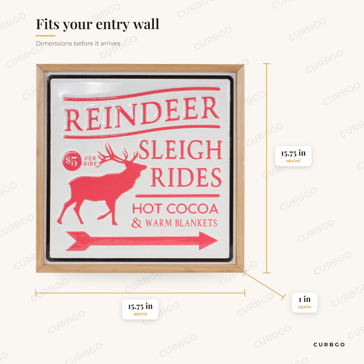 Reindeer Rides Wall Sign 15.75 in Square dimensions: 15.75 in H x 15.75 in W x 1 in D