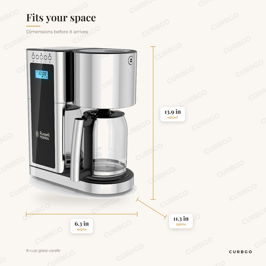 Russell Hobbs Coffeemaker dimensions: 6.3 in wide, 13.9 in tall, 11.3 in deep, 8-cup glass carafe