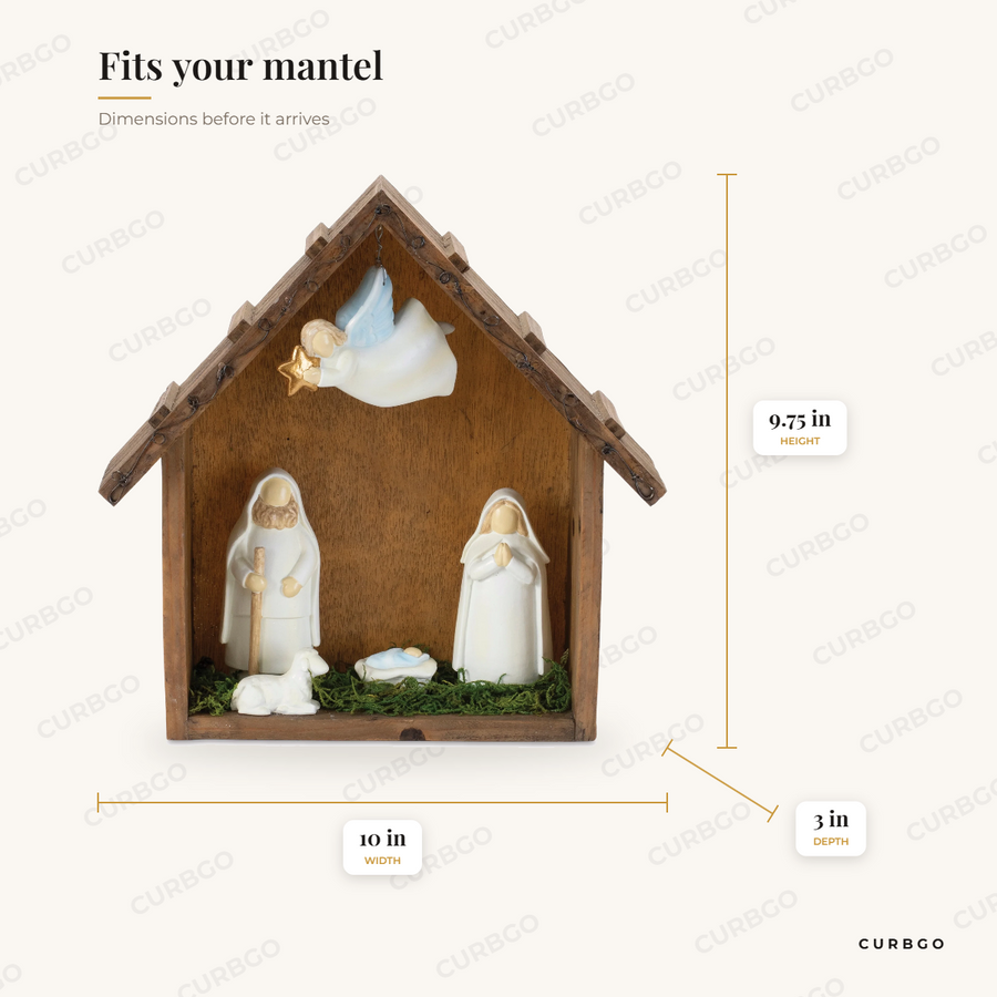 Rustic Nativity Scene with Angel 10 in dimensions: 9.75 in H x 10 in W x 3 in D