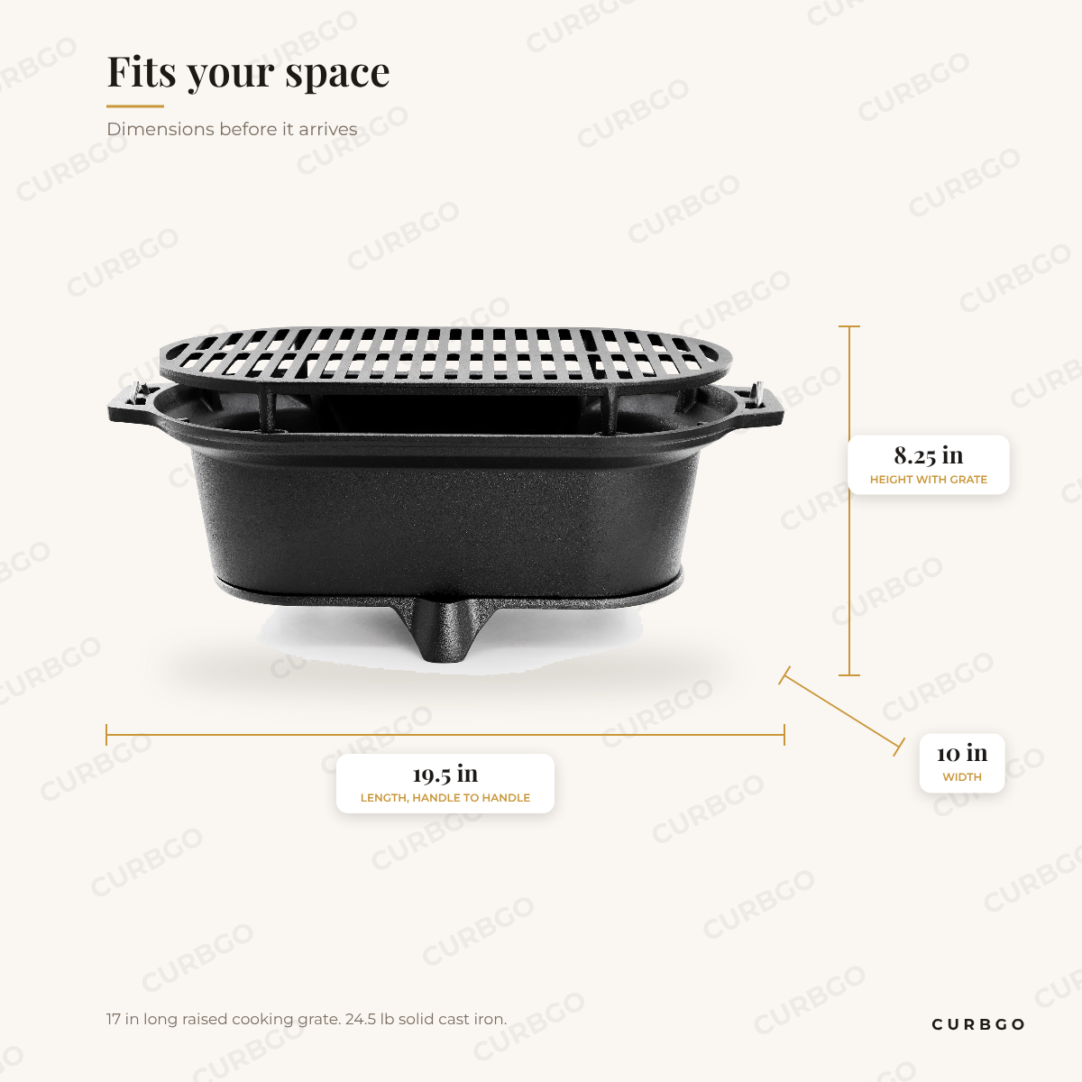 MegaChef cast iron hibachi charcoal grill dimensions: 19.5 in long, 10 in wide, 8.25 in high