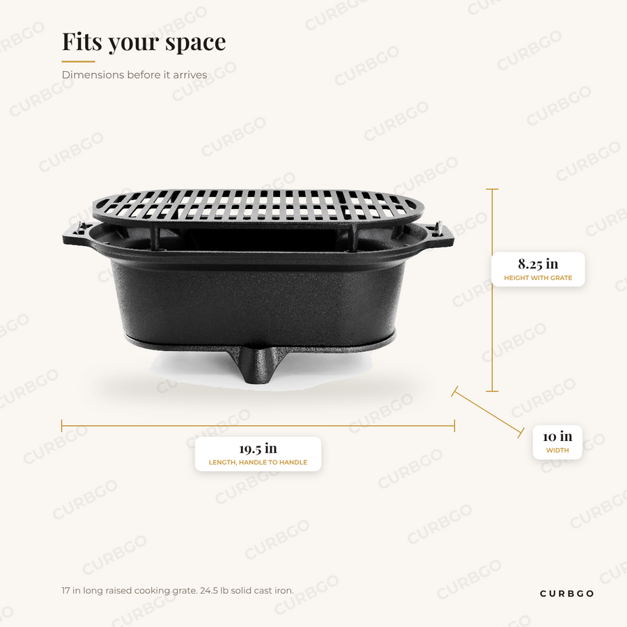 MegaChef cast iron hibachi charcoal grill dimensions: 19.5 in long, 10 in wide, 8.25 in high