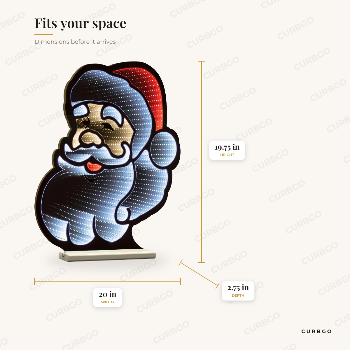 Santa Head Infinity Light dimensions: width 20 in, height 19.75 in, depth 2.75 in