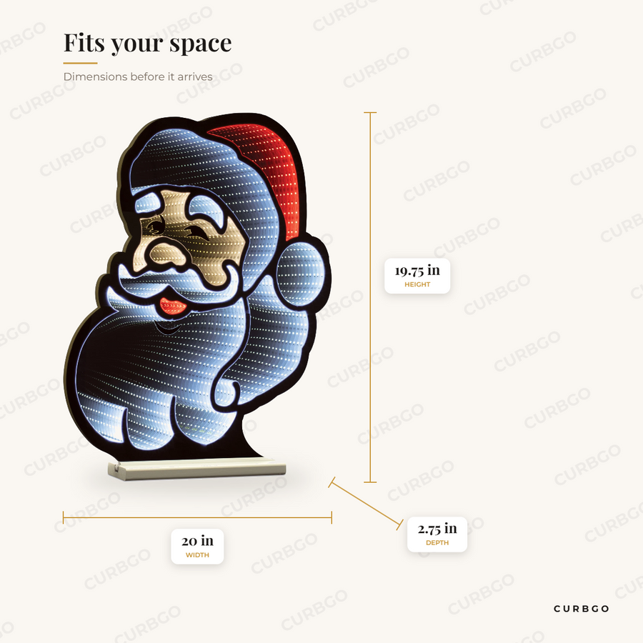 Santa Head Infinity Light dimensions: width 20 in, height 19.75 in, depth 2.75 in
