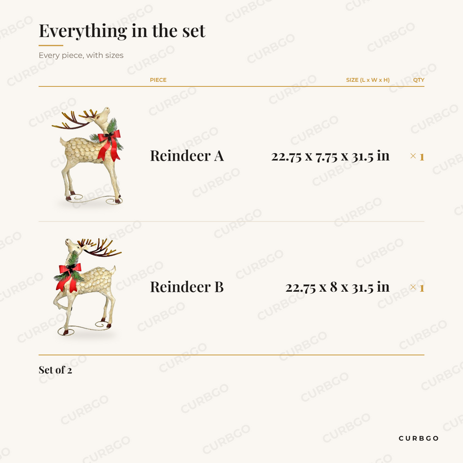 Iron Reindeer Pair piece sizes: reindeer A 22.75 x 7.75 x 31.5 in, reindeer B 22.75 x 8 x 31.5 in