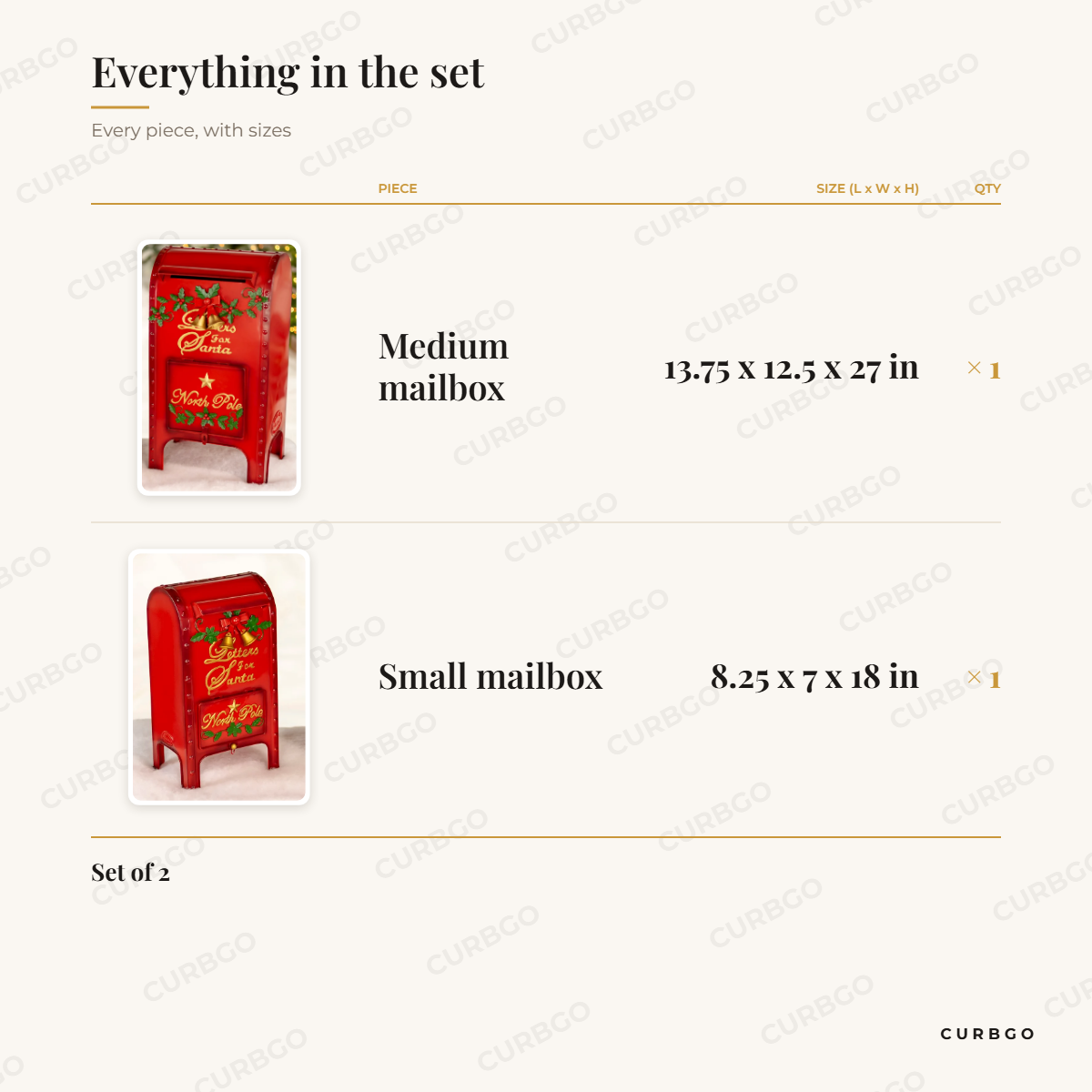 Santa Mailbox Pair piece sizes: medium mailbox 13.75 x 12.5 x 27 in, small mailbox 8.25 x 7 x 18 in