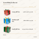 Snowflake Gift Box Set piece sizes: large gift box 13.58 x 13.58 x 42.32 in, medium gift box 8.86 x 8.86 x 34.13 in, small gift box 10.04 x 10.04 x 28.94 in