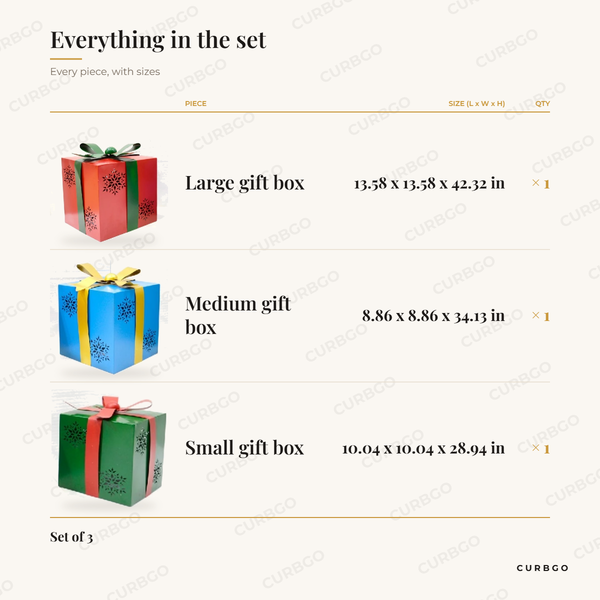 Snowflake Gift Box Set piece sizes: large gift box 13.58 x 13.58 x 42.32 in, medium gift box 8.86 x 8.86 x 34.13 in, small gift box 10.04 x 10.04 x 28.94 in