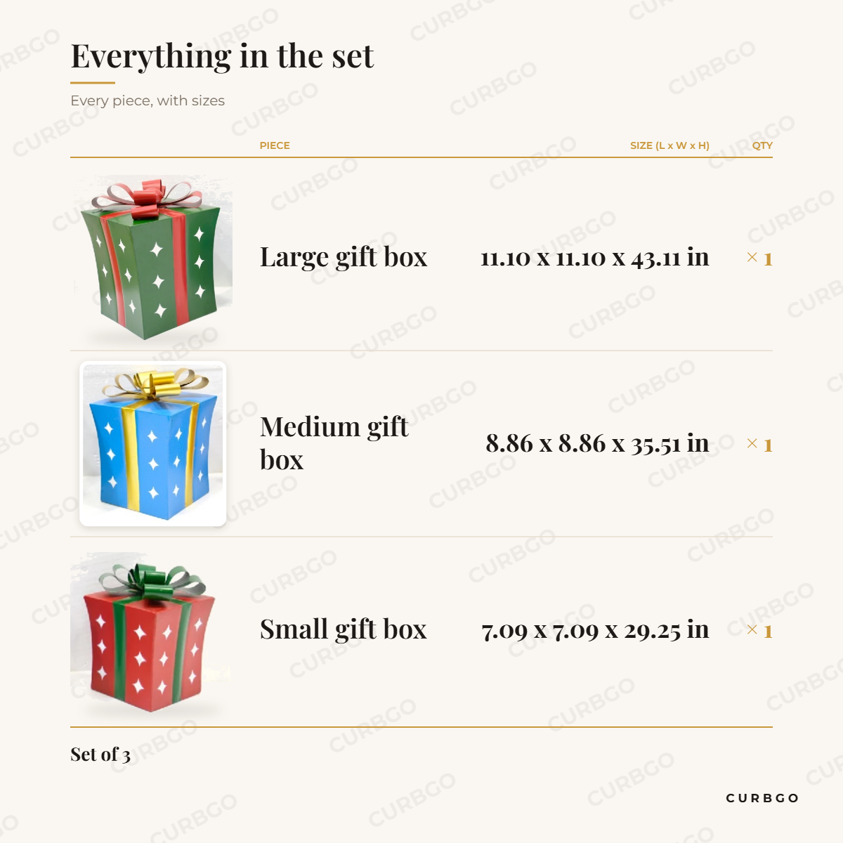 Twinkle Star Gift Boxes piece sizes: large gift box 11.10 x 11.10 x 43.11 in, medium gift box 8.86 x 8.86 x 35.51 in, small gift box 7.09 x 7.09 x 29.25 in