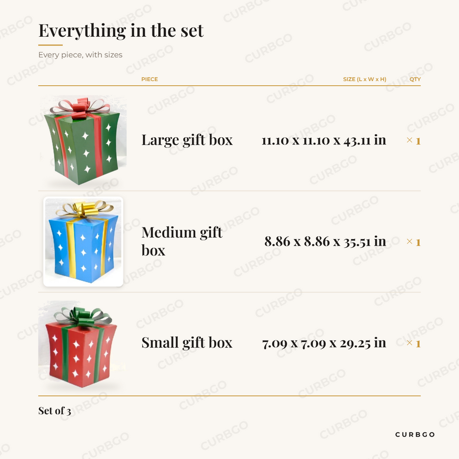 Twinkle Star Gift Boxes piece sizes: large gift box 11.10 x 11.10 x 43.11 in, medium gift box 8.86 x 8.86 x 35.51 in, small gift box 7.09 x 7.09 x 29.25 in