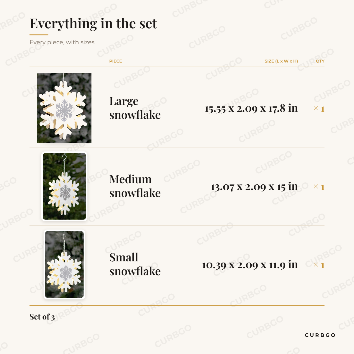 LED Backlit Iron Snowflakes piece sizes: large snowflake 15.55 x 2.09 x 17.8 in, medium snowflake 13.07 x 2.09 x 15 in, small snowflake 10.39 x 2.09 x 11.9 in