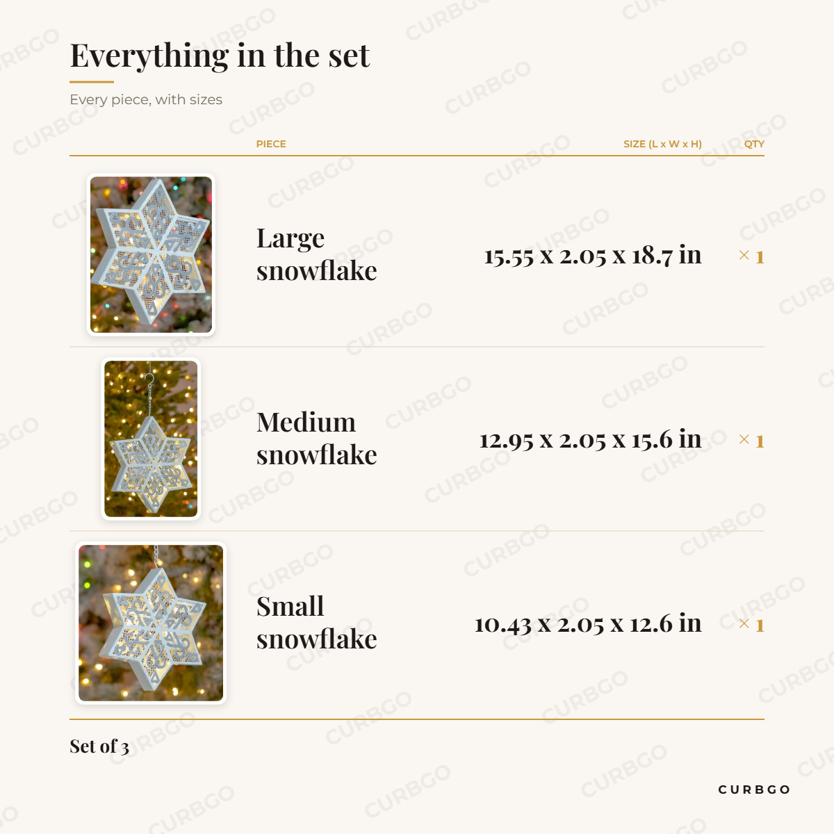 Light-Up Star Snowflakes piece sizes: large snowflake 15.55 x 2.05 x 18.7 in, medium snowflake 12.95 x 2.05 x 15.6 in, small snowflake 10.43 x 2.05 x 12.6 in