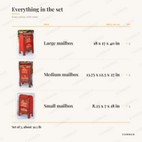 Santa Mailbox Set piece sizes: large mailbox 18 x 17 x 40 in, medium mailbox 13.75 x 12.5 x 27 in, small mailbox 8.25 x 7 x 18 in