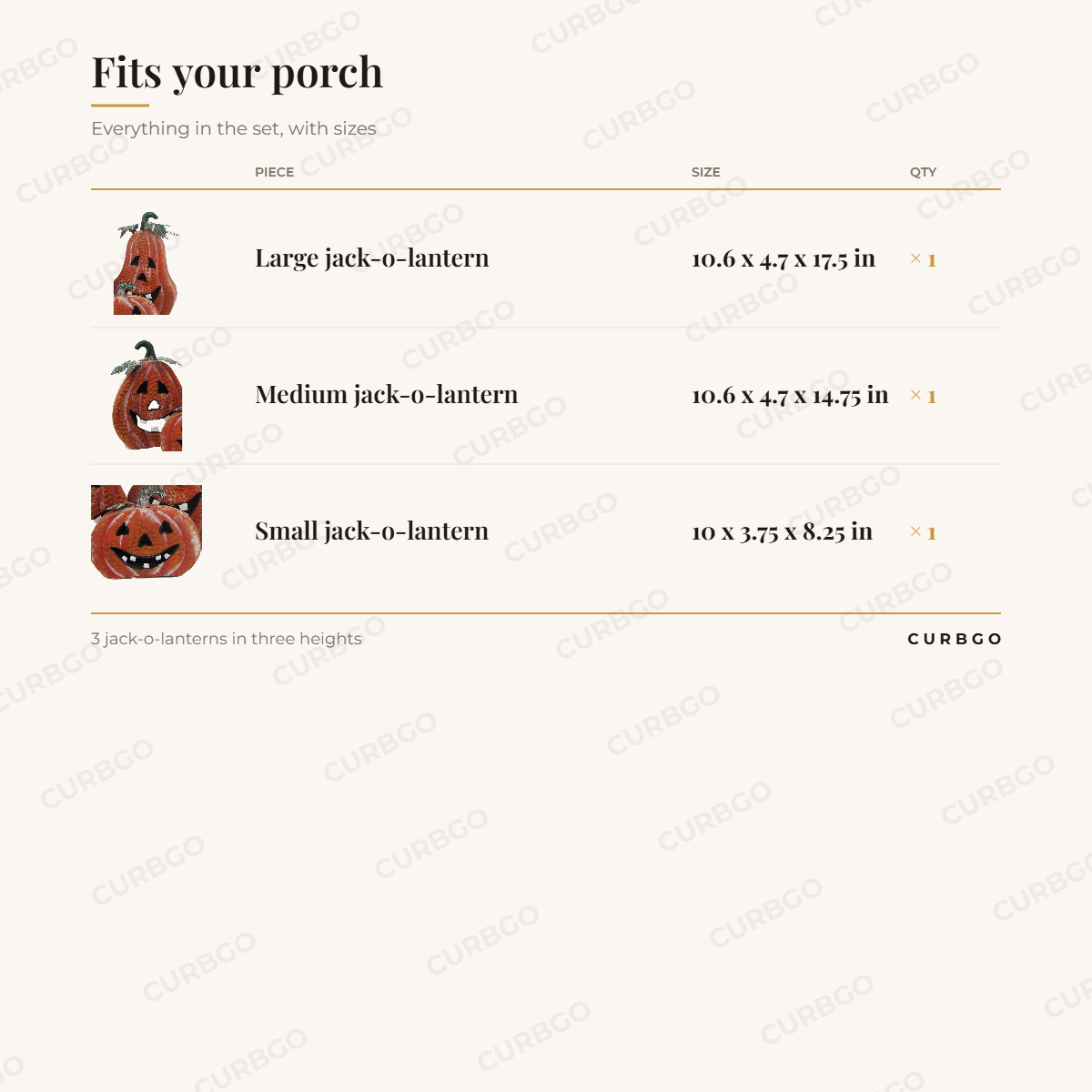 Set of 3 Metal Jack-O-Lantern Decorations - what is in the set: Large jack-o-lantern 10.6 x 4.7 x 17.5 in; Medium jack-o-lantern 10.6 x 4.7 x 14.75 in; Small jack-o-lantern 10 x 3.75 x 8.25 in