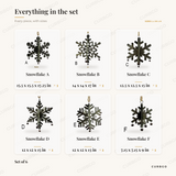 Galvanized Hanging Snowflakes piece sizes: snowflake A 15.5 x 15.5 x 17.25 in, snowflake B 14 x 14 x 17 in, snowflake C 12.5 x 12.5 x 15 in, snowflake D 12 x 12 x 15 in, snowflake E 12 x 12 x 13 in, snowflake F 7.15 x 7.15 x 9 in