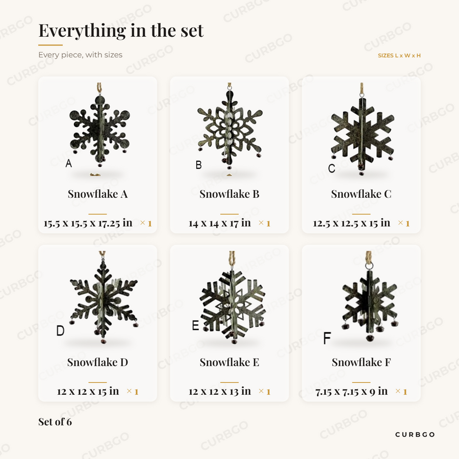 Galvanized Hanging Snowflakes piece sizes: snowflake A 15.5 x 15.5 x 17.25 in, snowflake B 14 x 14 x 17 in, snowflake C 12.5 x 12.5 x 15 in, snowflake D 12 x 12 x 15 in, snowflake E 12 x 12 x 13 in, snowflake F 7.15 x 7.15 x 9 in