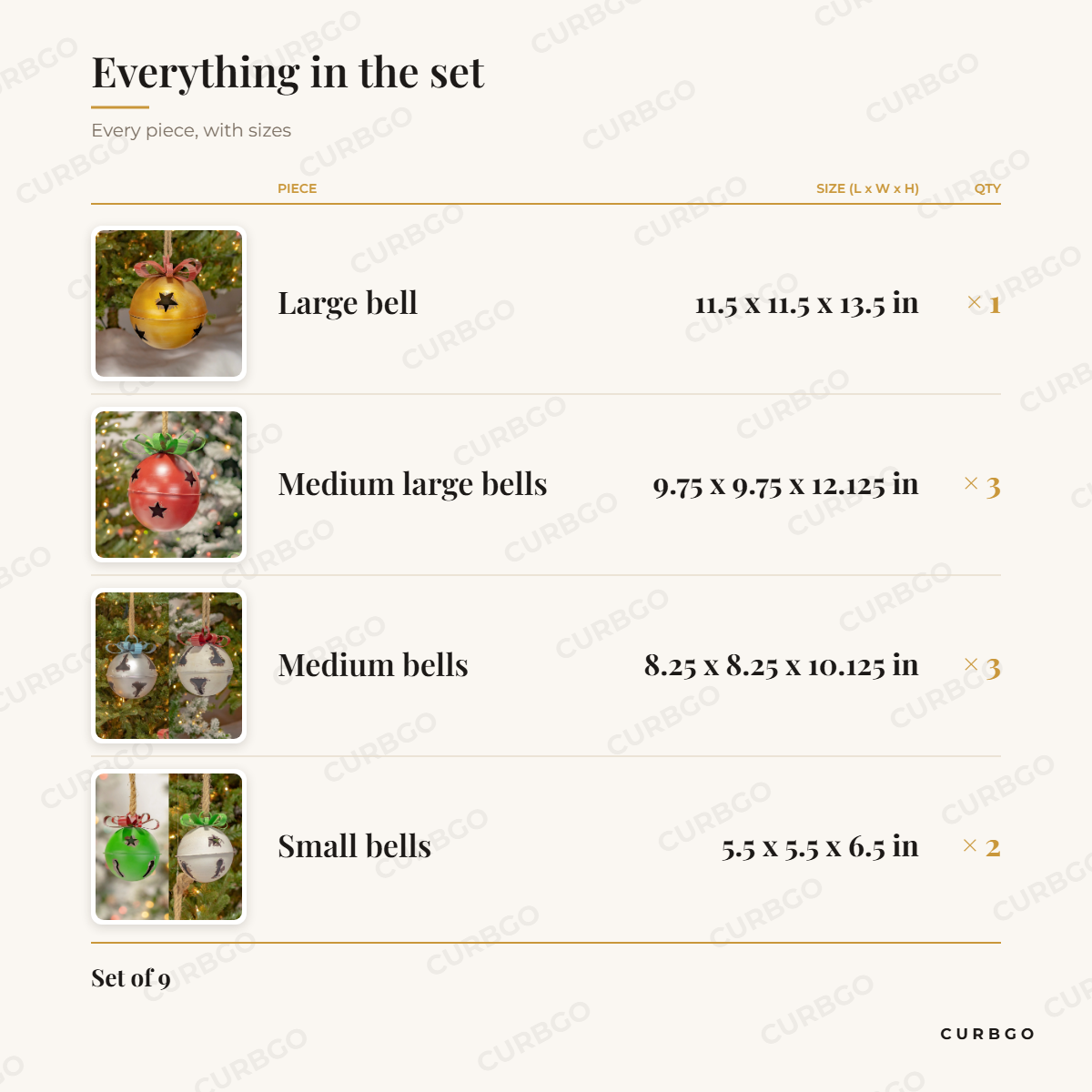 Large Christmas Bells piece sizes: large bell 11.5 x 11.5 x 13.5 in, medium large bells 9.75 x 9.75 x 12.125 in (x3), medium bells 8.25 x 8.25 x 10.125 in (x3), small bells 5.5 x 5.5 x 6.5 in (x2)