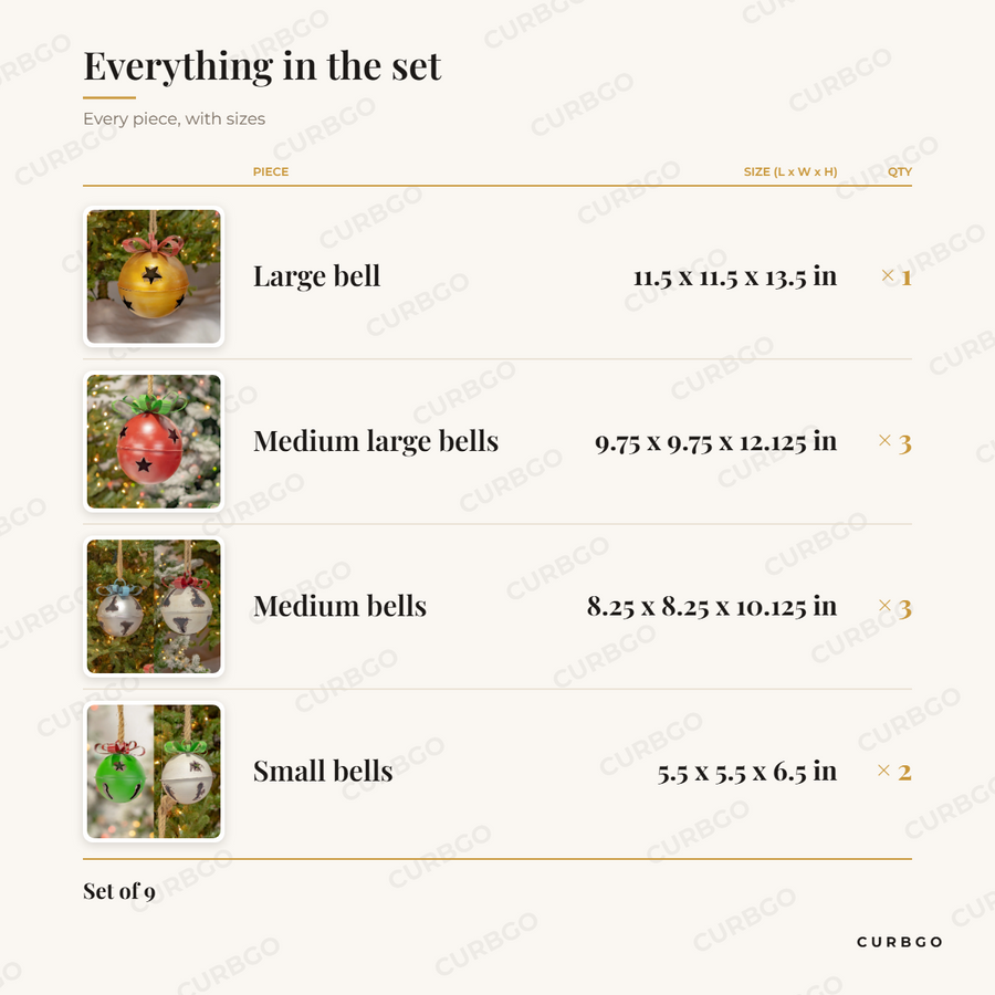 Large Christmas Bells piece sizes: large bell 11.5 x 11.5 x 13.5 in, medium large bells 9.75 x 9.75 x 12.125 in (x3), medium bells 8.25 x 8.25 x 10.125 in (x3), small bells 5.5 x 5.5 x 6.5 in (x2)