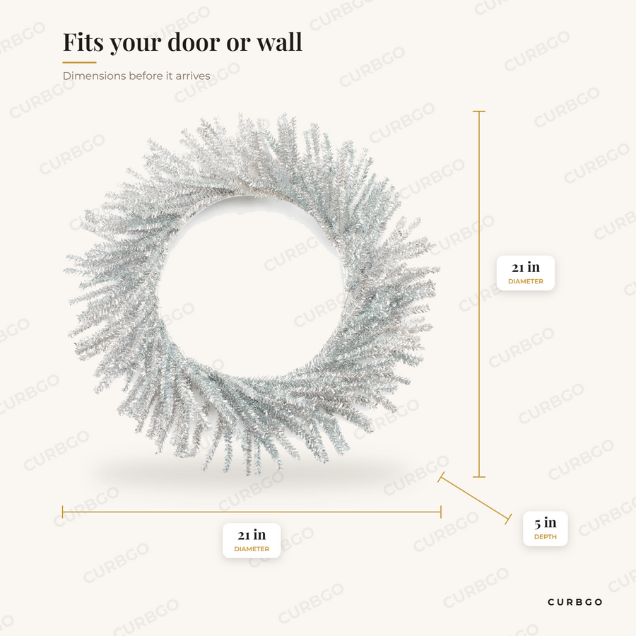 Tinsel Pine Wreath 21 in dimensions: 21 in diameter x 5 in D