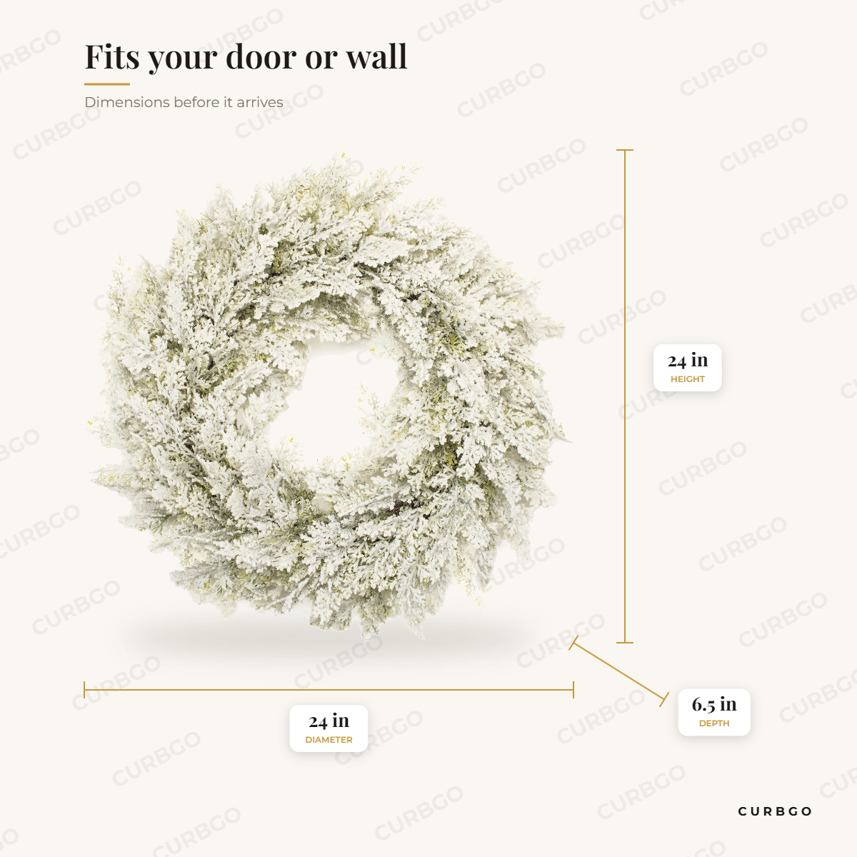 Snowy flocked pine wreath dimensions: 24 in diameter, 6.5 in depth