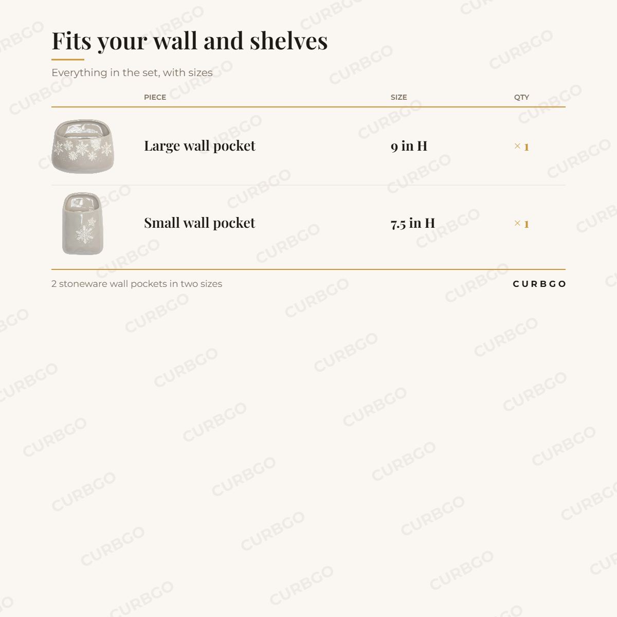 Stoneware Wall Pocket Planters Set of 2 piece sizes: large wall pocket 9 in H (x1); small wall pocket 7.5 in H (x1); 2 stoneware wall pockets in two sizes